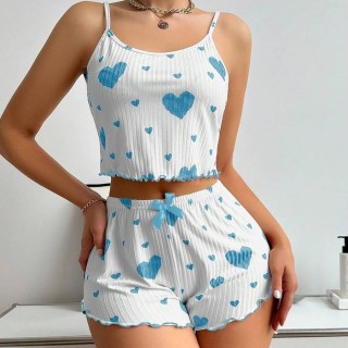 Ensemble Pyjama Femme Vêtements de Nuit 2 Pièces Débardeurs Courts et Shorts Doux Imprimé Cœur
