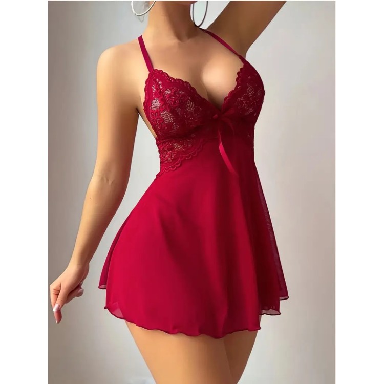 Nuisette Sexy courte dentelle - ROUGE