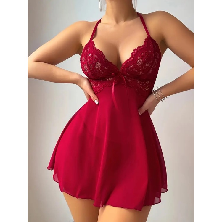 Nuisette Sexy courte dentelle - ROUGE