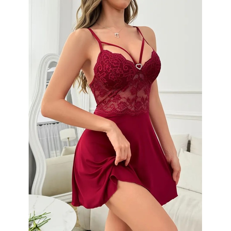 Nuisette dentelle Satin - ROUGE