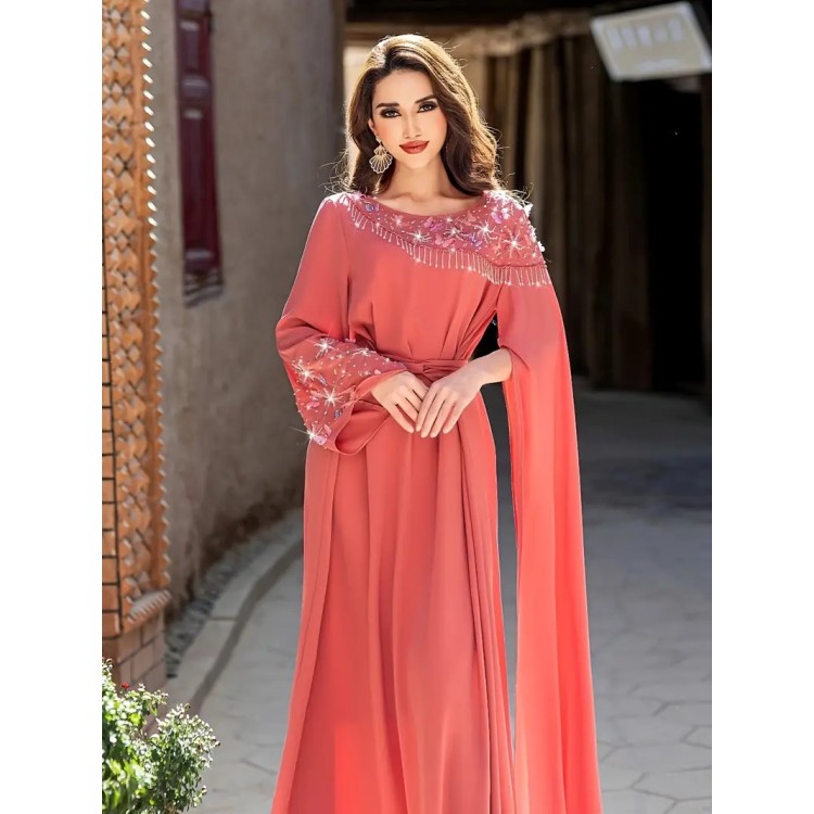 Robe de soirée manche style cape Rose