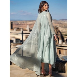 Robe de soirée élégante Col V et manches flottants - Vert d'eau