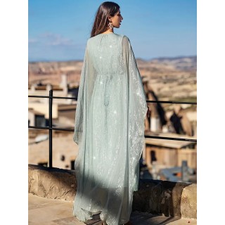 Robe de soirée élégante Col V et manches flottants - Vert d'eau