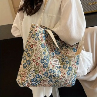 Grand Sac à bandoulière vintage à motifs floraux - BLEU