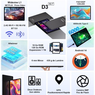 Tablette 10 Pouces Android 14 avec 5G Wi-Fi 6, 18Go RAM+128Go ROM - NOIR
