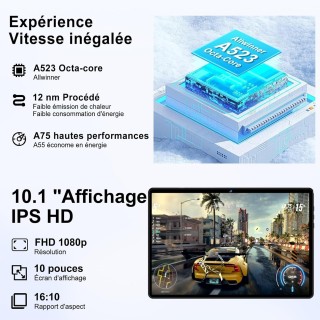 Tablette 10 Pouces Android 14 avec 5G Wi-Fi 6, 18Go RAM+128Go ROM - BLEU