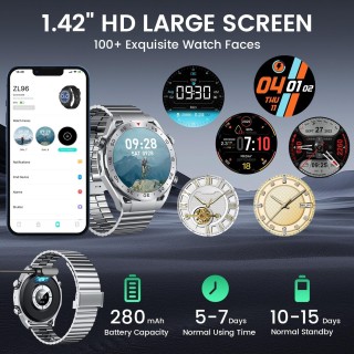 Smartwatch Montre Connectée Homme 1.42"- IOS et Android - Grise métal avec 2 Bracelets - NEUVE