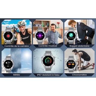 Smartwatch Montre Connectée Homme 1.42"- IOS et Android - Grise métal avec 2 Bracelets - NEUVE