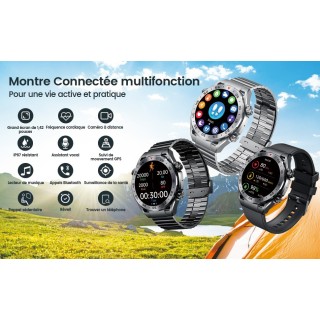 Smartwatch Montre Connectée Homme 1.42"- IOS et Android - Grise métal avec 2 Bracelets - NEUVE
