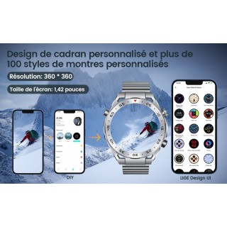 Smartwatch Montre Connectée Homme 1.42"- IOS et Android - Grise métal avec 2 Bracelets - NEUVE